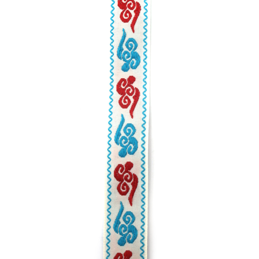 Nastro passamaneria decorativo 26 mm, bianco con bordi rosso, azzurro e grigio chiaro - 5 m