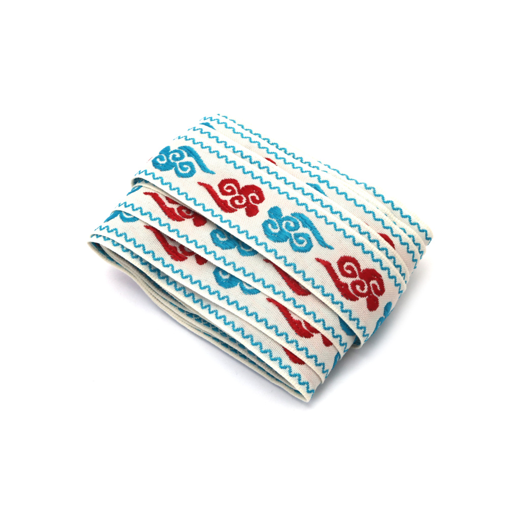 Nastro passamaneria decorativo 26 mm, bianco con bordi rosso, azzurro e grigio chiaro - 5 m