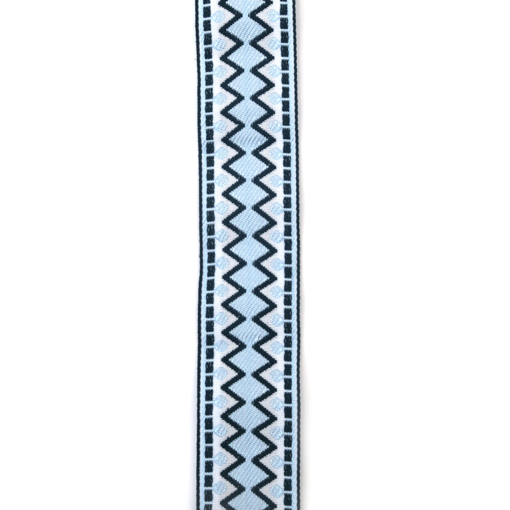 Nastro decorativo in passamaneria 30 mm, bianco con accenti grigio-blu e celeste - 5 metri