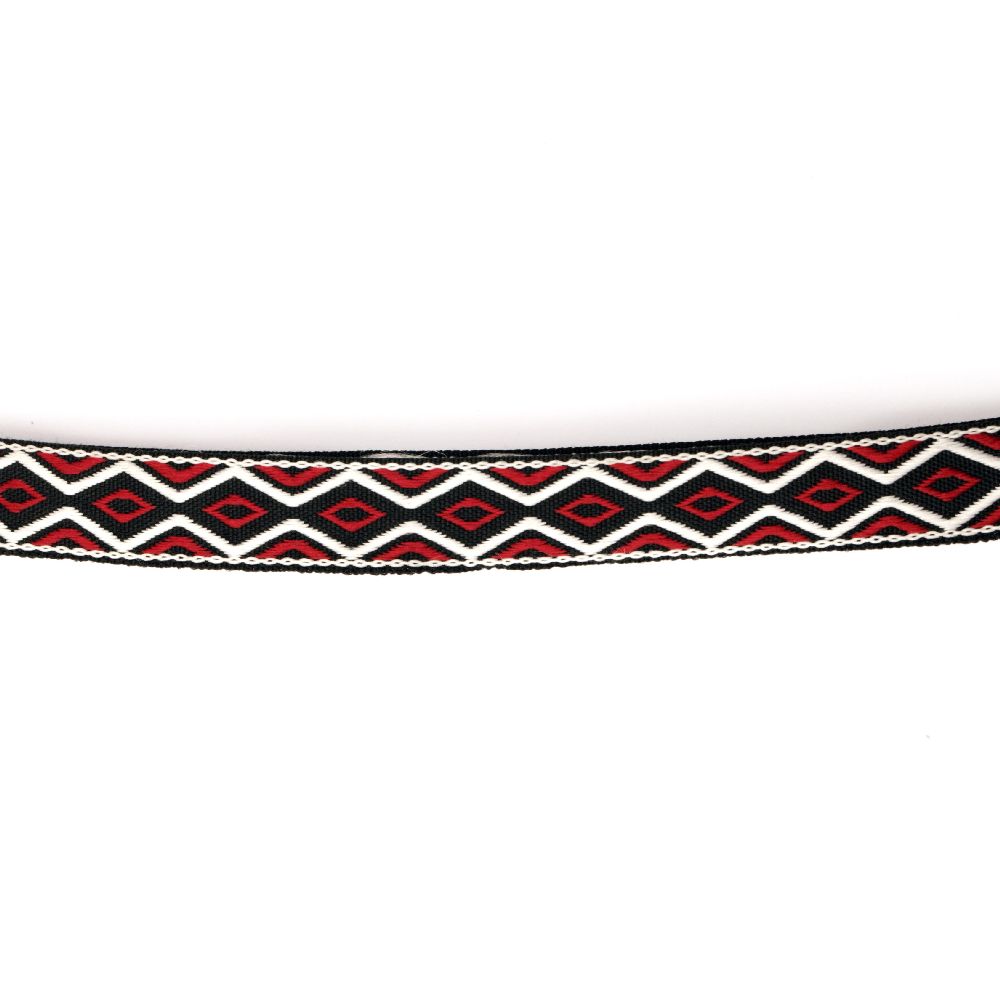 Fabric Embroidered Ribbon with Ethnic Ornaments / Red, White and Black / Width: 15 mm - 1 meter