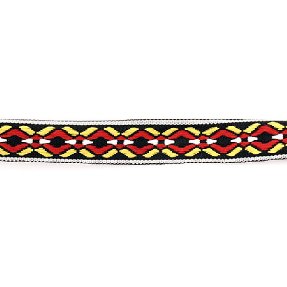 Embroidered Textile Ribbon for Decoration / Black with White, Red and Yellow / Width: 20 mm - 5 meters