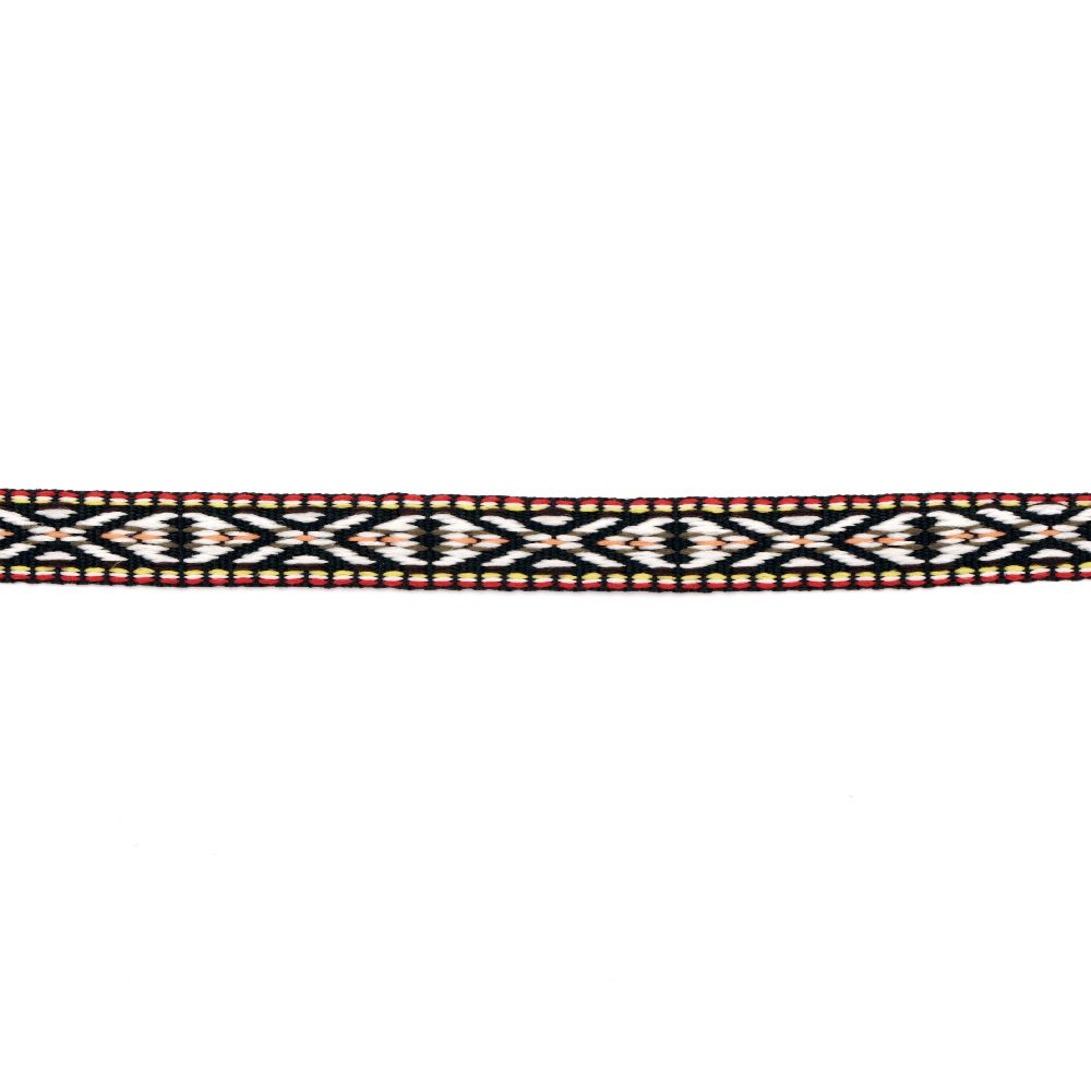 Jacquard Ethnic Ribbon / 10 mm /  Black with White, Red, Green and Brown - 5 meters