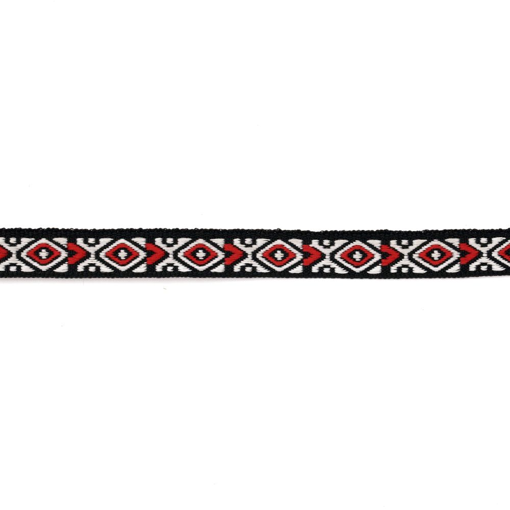 Braid, 10 mm, Black with White and Red Rhombuses - 5 Meters