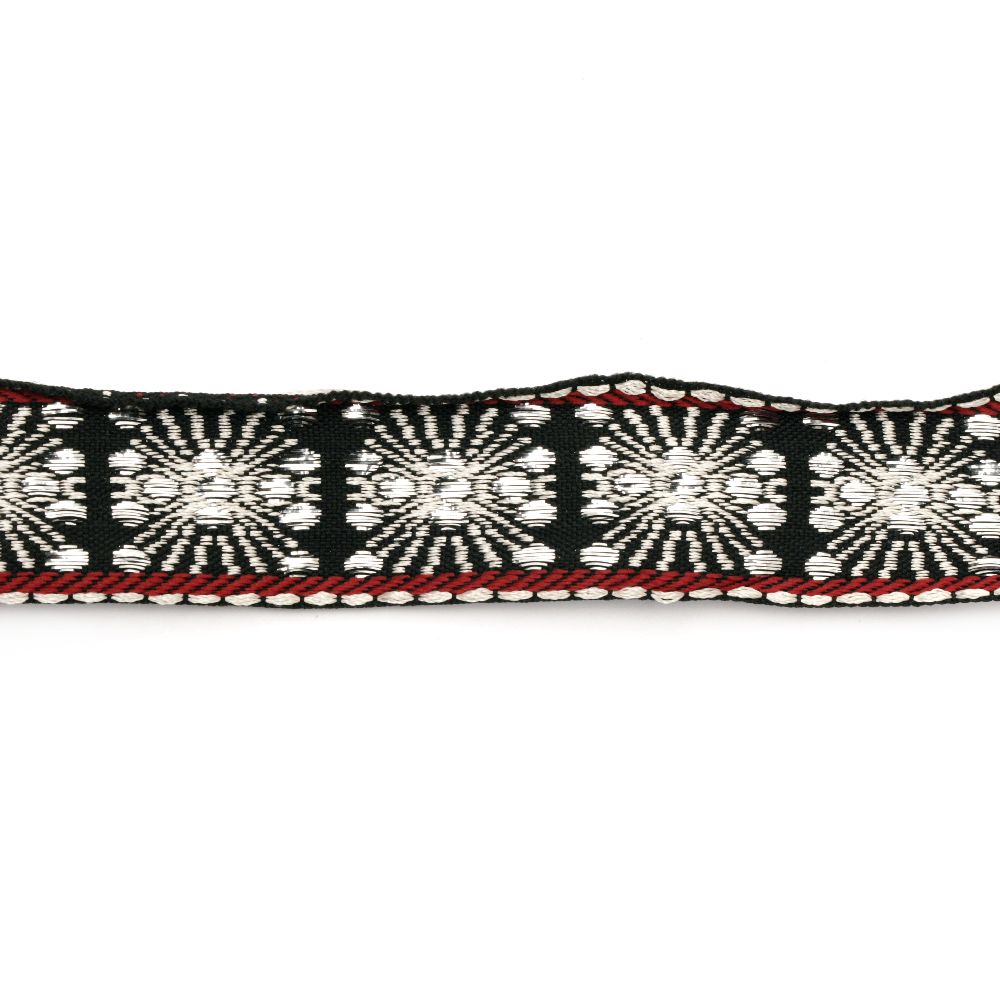 Decorative Ribbon Trim, Black with White Flowers and Lamé Thread /  Width: 28 mm - 5 meters