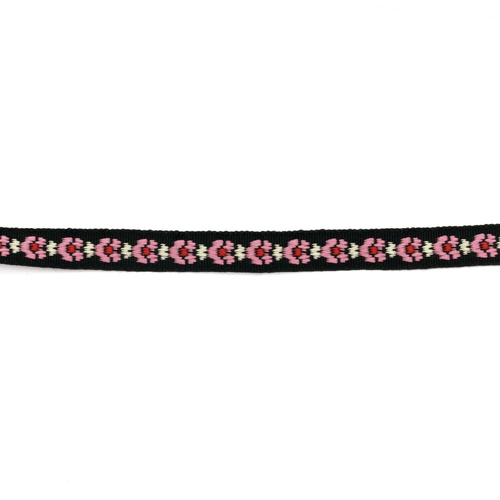 Fabric Trim for Handmade Accessories and Decoration / Black with Pink Flowers / Width: 9 mm - 5 meters