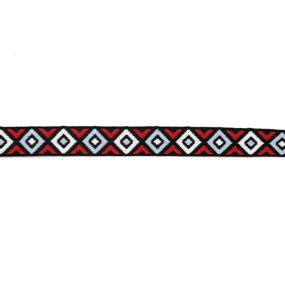 Fabric Ribbon with Ethnic Ornaments / Width: 13 mm / Dark Blue with White, Red and Light Blue - 5 meters