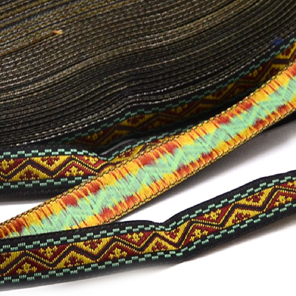 Jacquard Ribbon Trim with Zig-zag Ornament / Black with Yellow, Green and Red / Width: 12 mm  - 5 meters