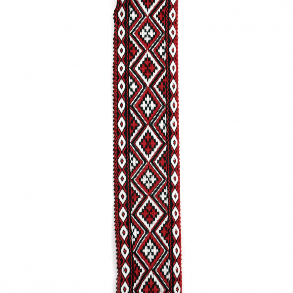 Woven Ethnic Ribbon / 35 mm /  Black with White and Red Diamonds - 5 meters