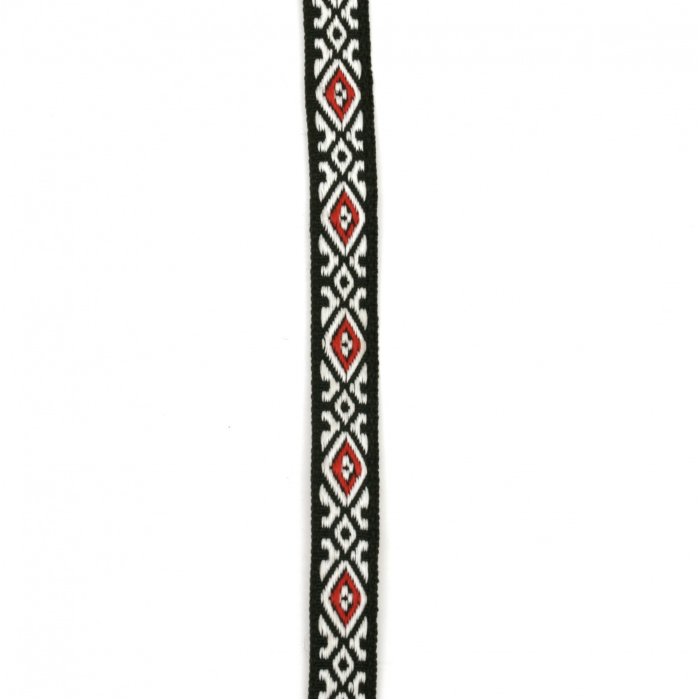 Κορδόνι πλακέ  με ρόμβους  10 mm χρώμα  μαύρο κόκκινο άσπρο   -5 μέτρα