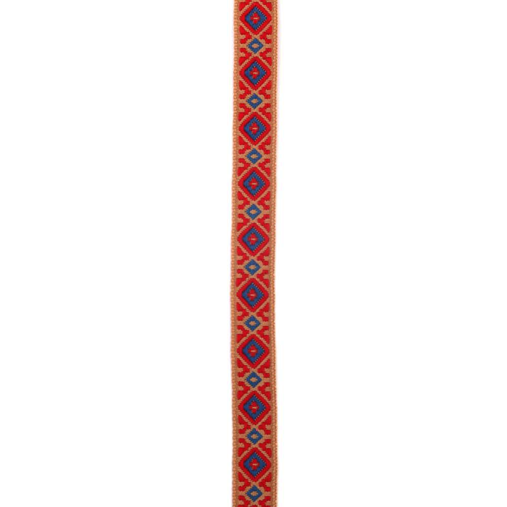 Embroidered Ribbon with Ethnic Ornaments / Width: 10 mm / Beige with Red and Blue - 1 meter