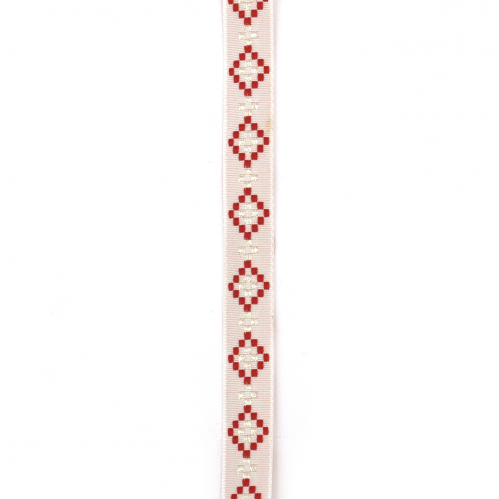 Κορδόνι πλακέ  με ρόμβους  10 mm λευκό με κόκκινο -5 μέτρα