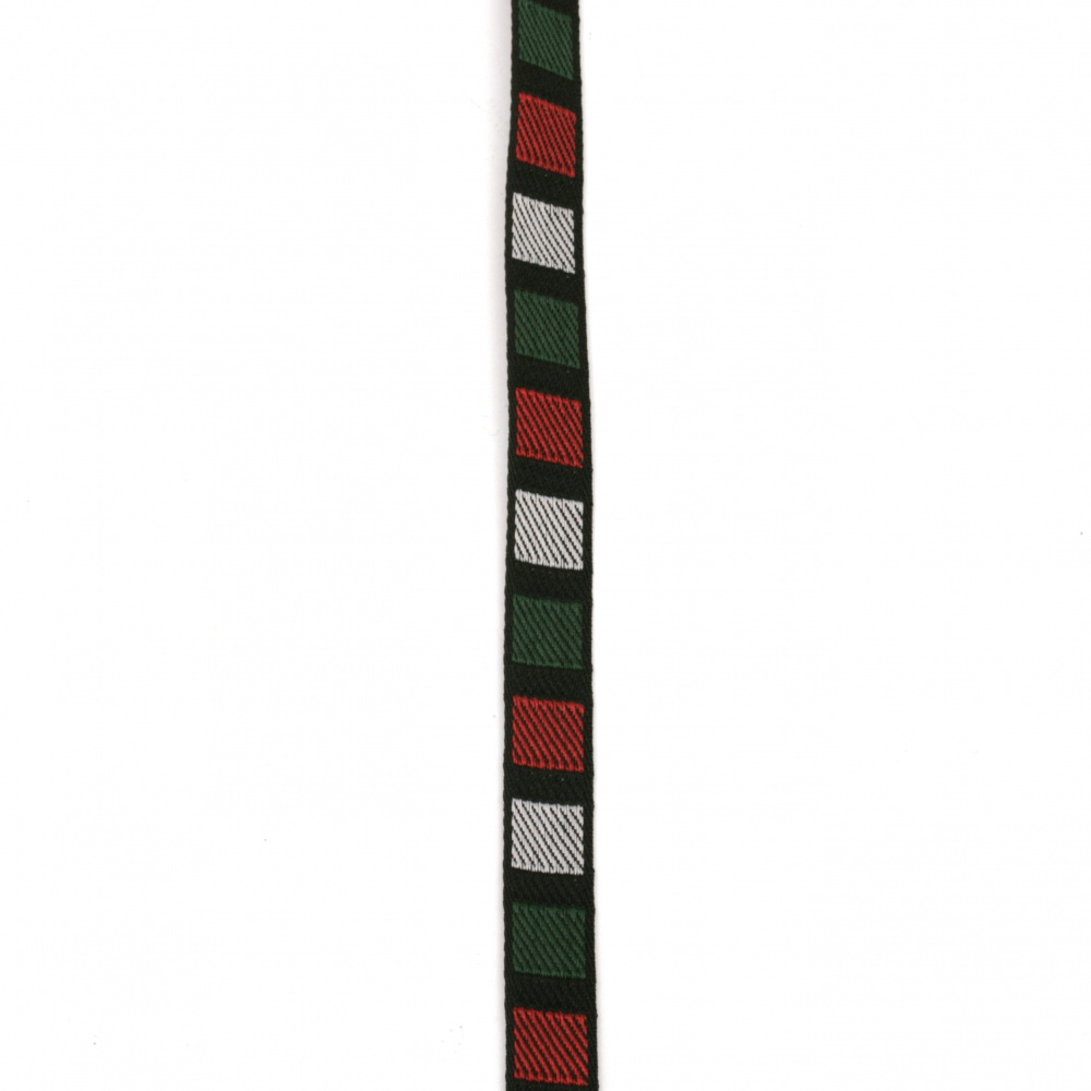 Κορδόνι πλακέ με τετράγωνα12 mm μαύρο άσπρο πράσινο κόκκινο τετράγωνο -5 μέτρα