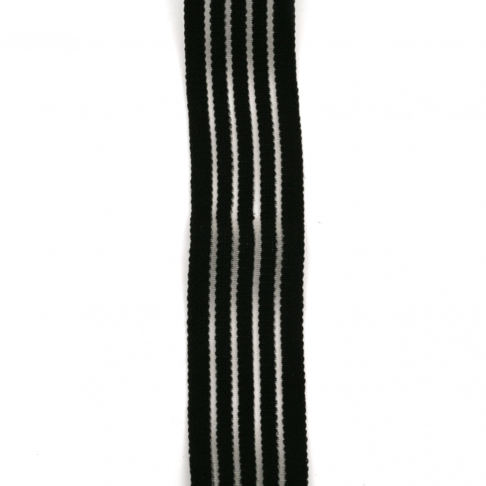 Elastic Striped Ribbon Trim / Width: 40 mm / Black with Silver - 1 meter
