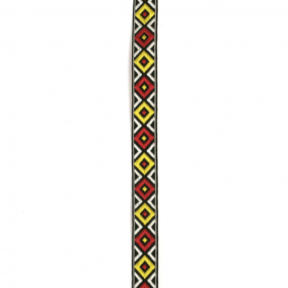 Κορδόνι πλακέ με ρόμβους 12 mm μαύρο με κόκκινα και κίτρινα  -5 μέτρα