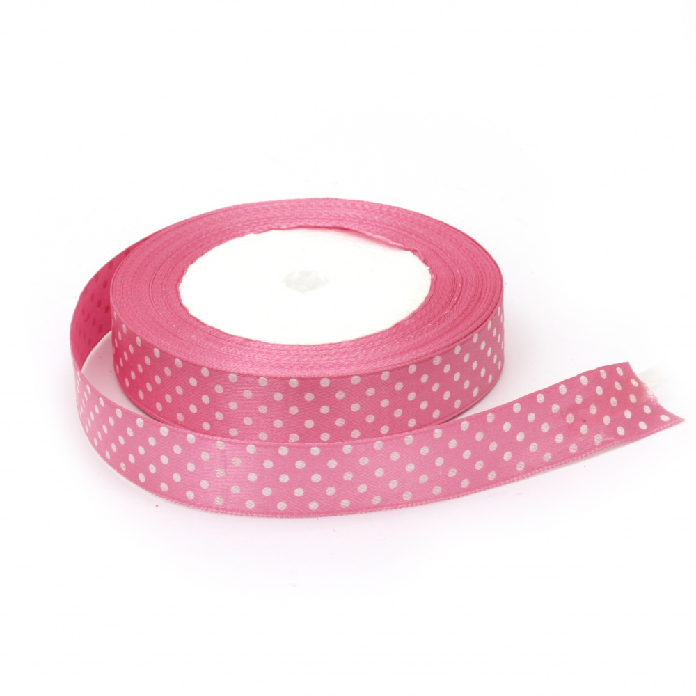Dotted Satin Ribbon for Craft Projects and Decoration / 18 mm /  Pink with White Dots ± 20 meters