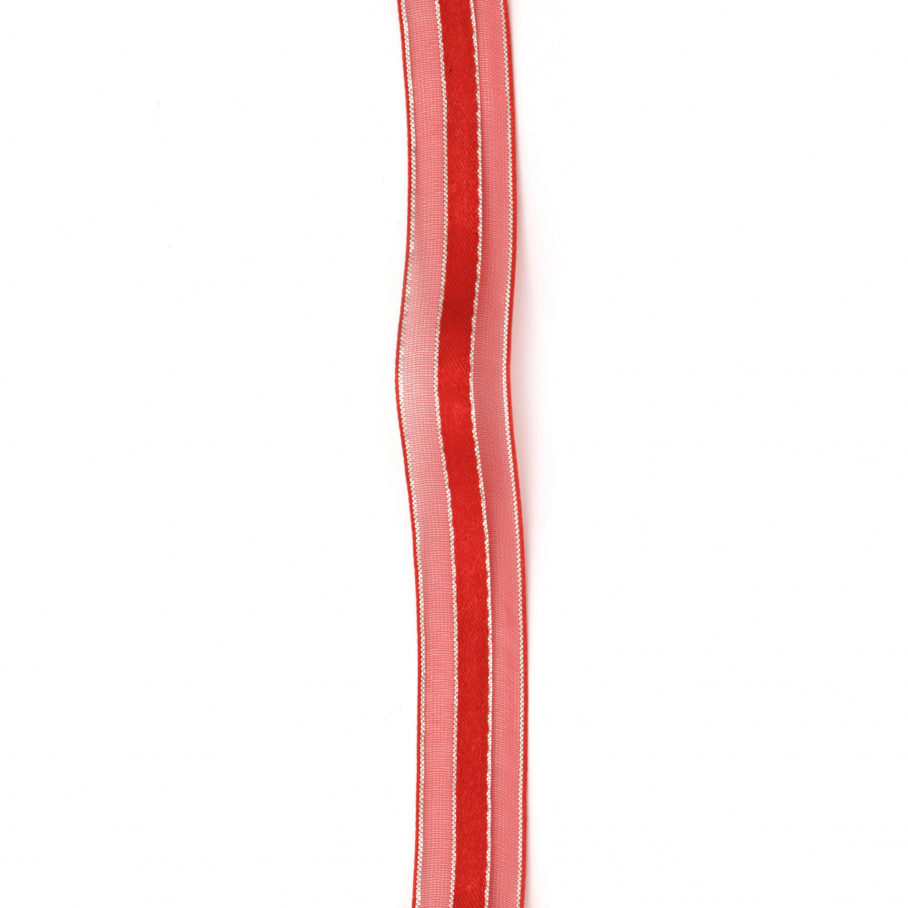 Лента органза и сатен 15 мм червена с ламе сребро -5 метра