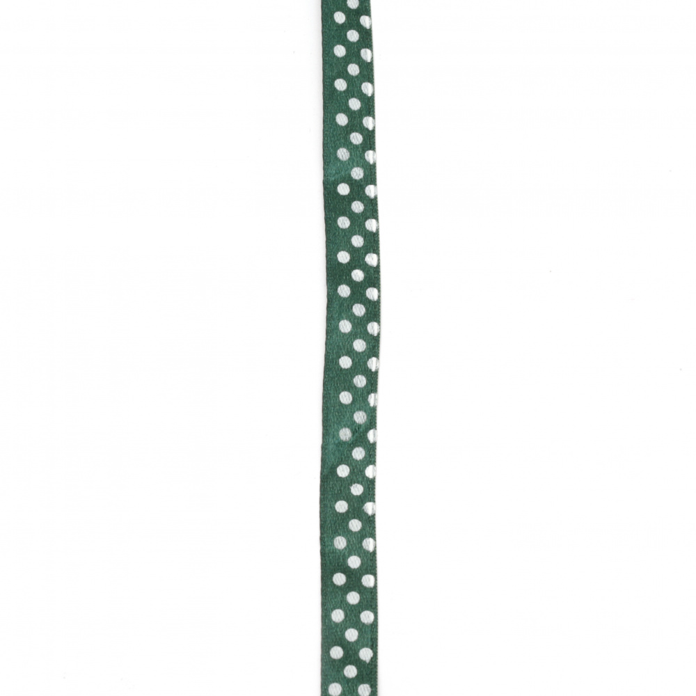 Лента сатен 10 мм рипс зелена с бели точки ±22 метра