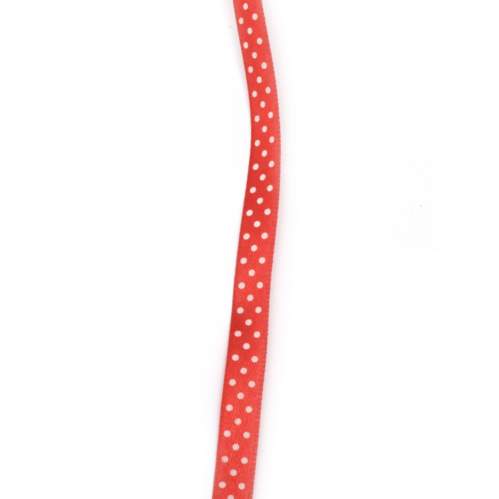 Panglică de satin 10 mm catifea roșie cu puncte albe ~ 43 metri