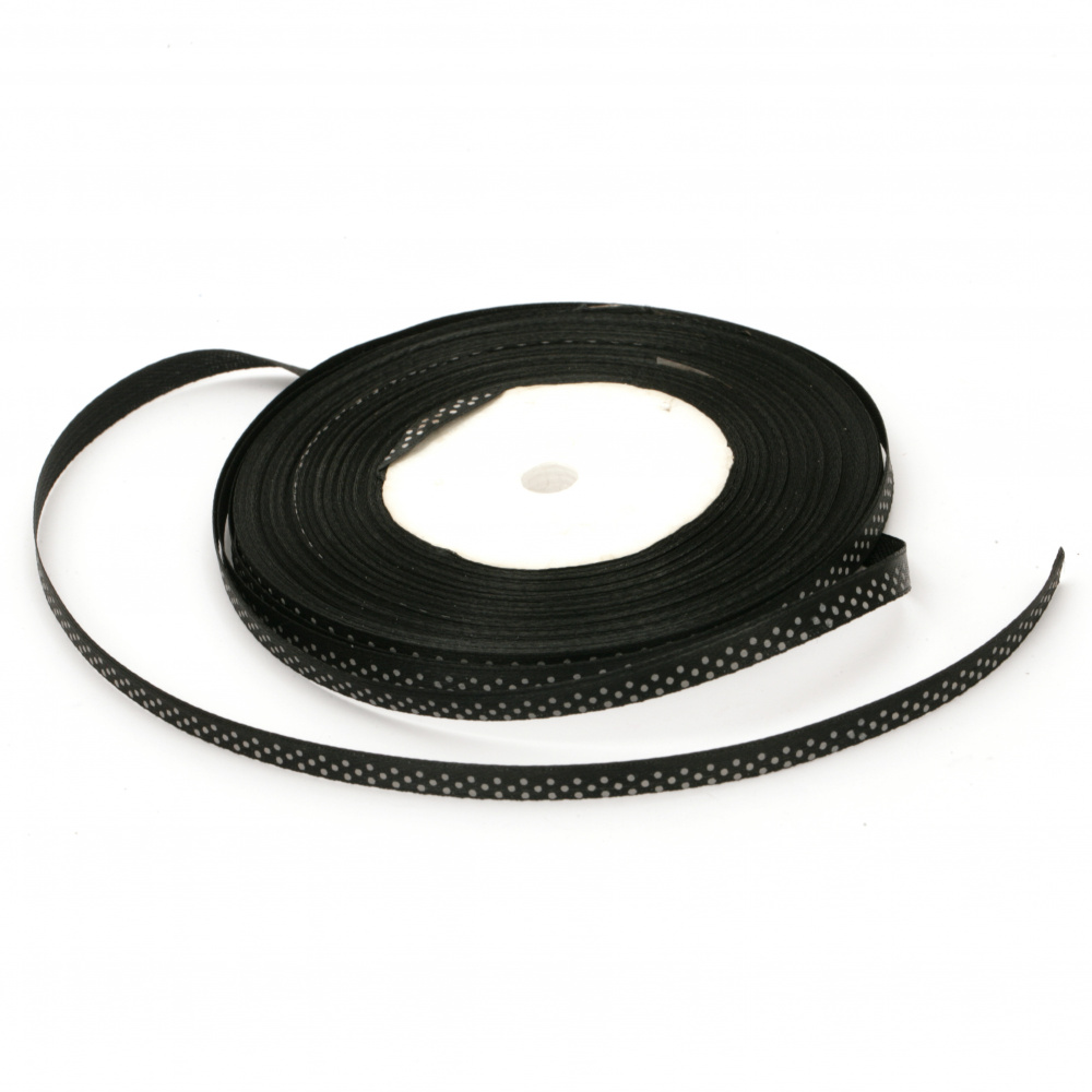 Dotted Satin Grosgrain Ribbon / 6 mm / Black with White Dots ± 43 meters