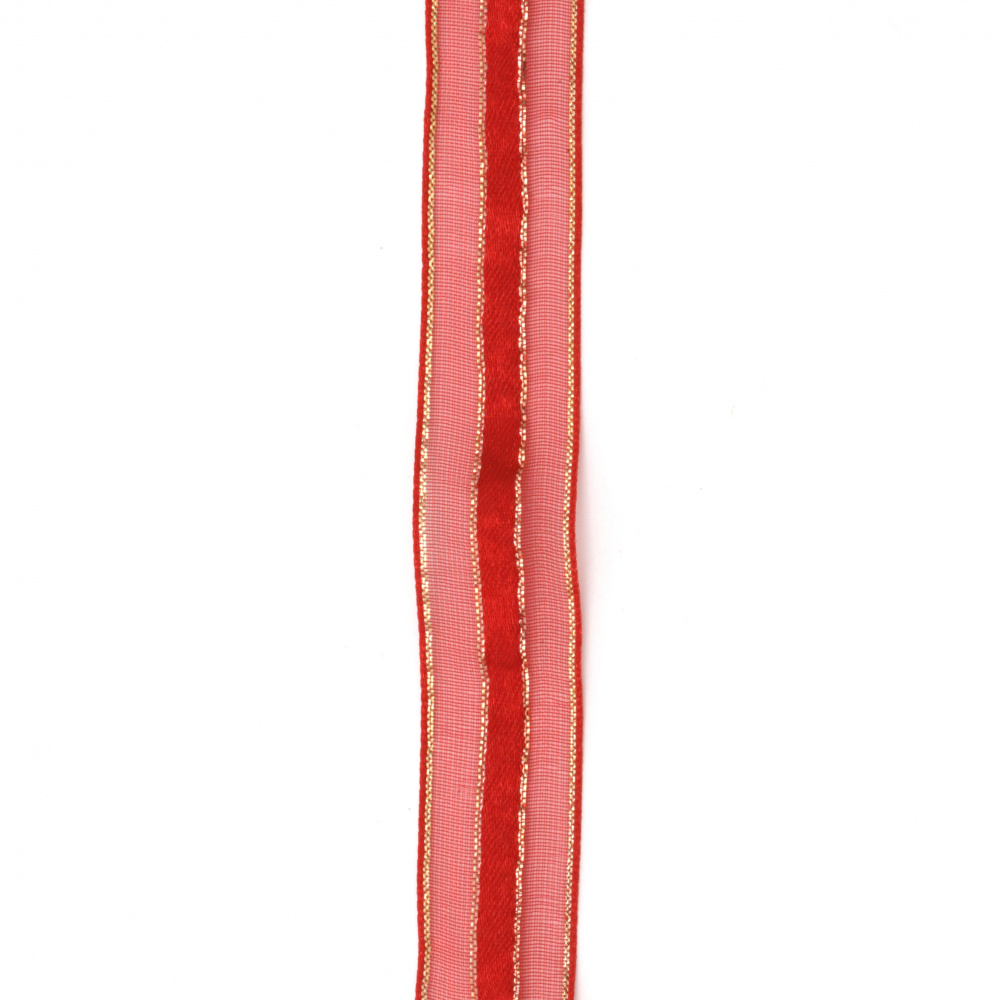 Panglică organza și satin 15 mm roșu cu șchiopăt auriu -5 metri
