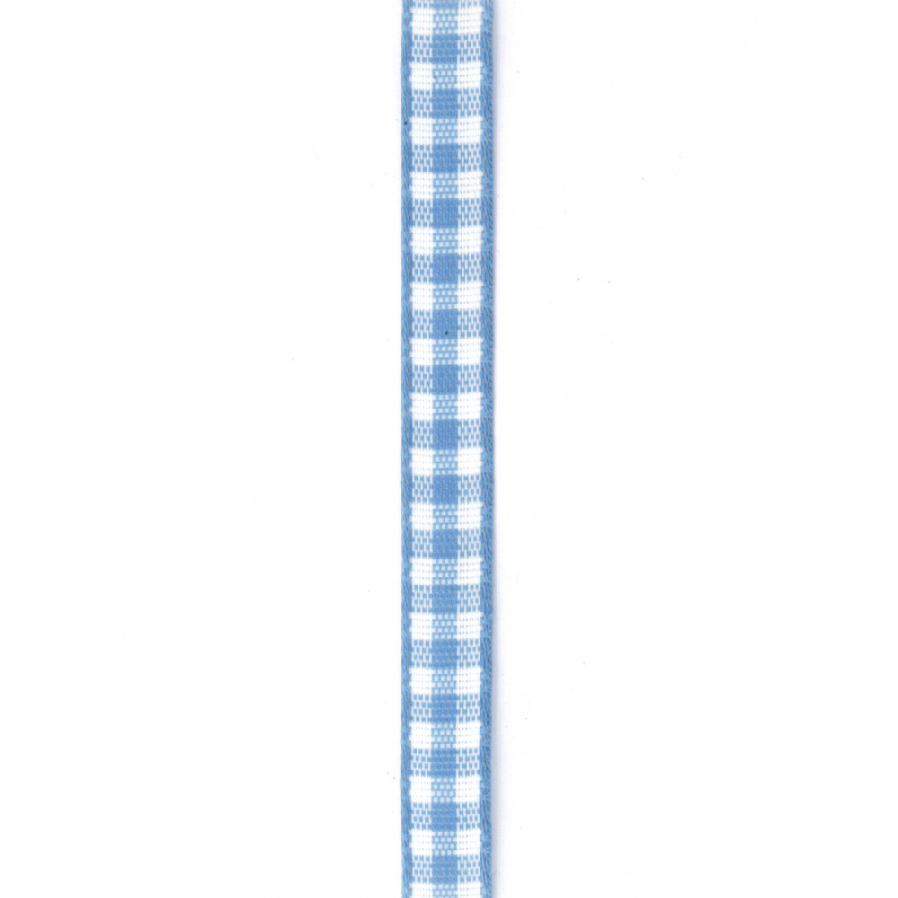 Лента текстил 7 мм каре бяло и синьо - 5 метра
