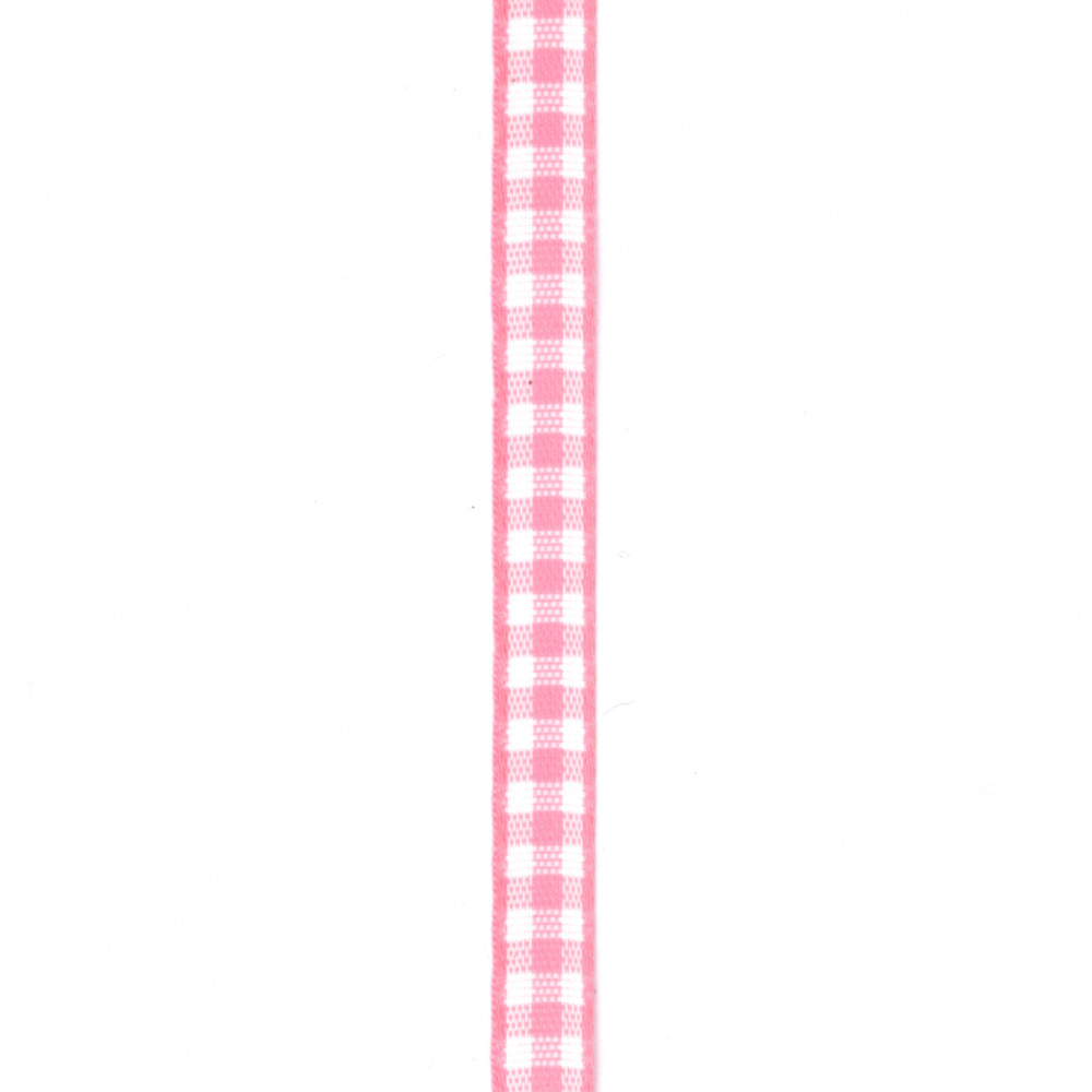 Checkered Textile Ribbon / 7 mm / White and Pink - 5 meters