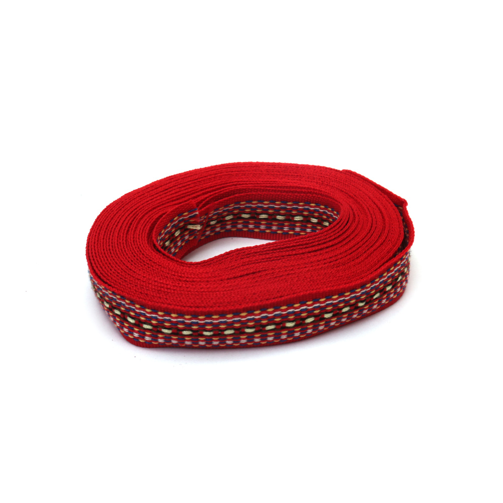 Woven Ribbon Trim / 10 mm / Red with White, Blue, Yellow, Black and Green - 5 meters