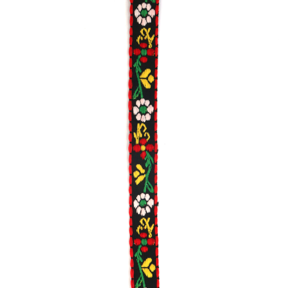 Floral Woven Ribbon Trim with Traditional Design / 15 mm / Black with White, Yellow, Red and Green - 5 meters