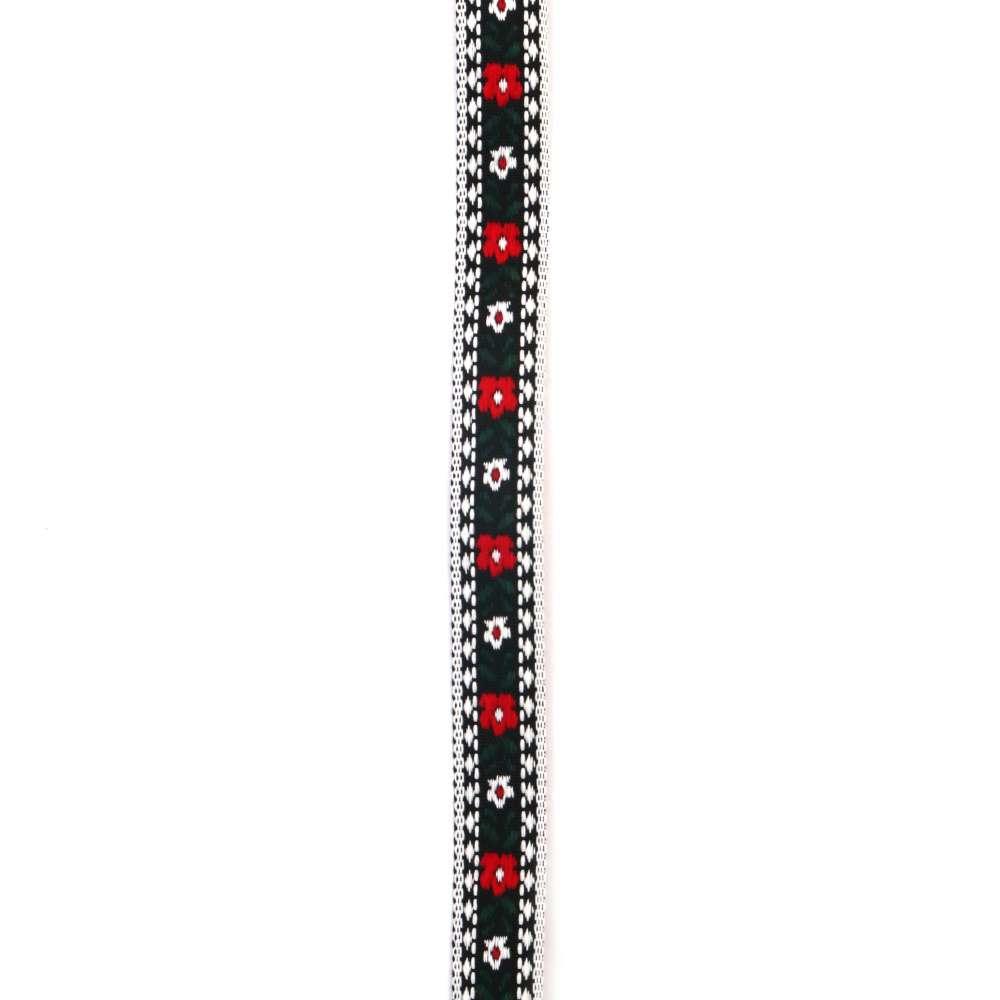 Floral Ribbon Trim / 15 mm / Black with Red and White Flowers and White Edging - 5 meters