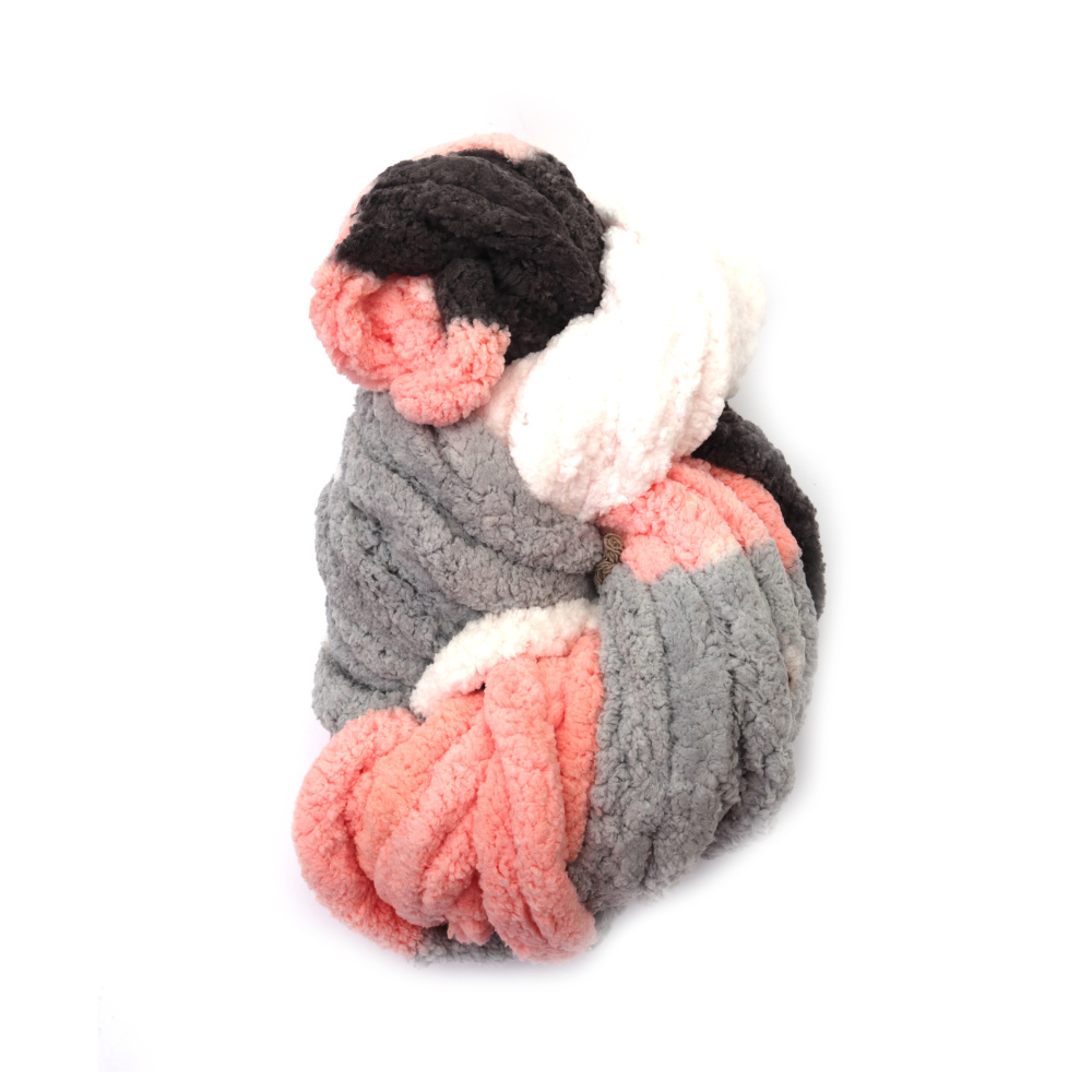 Fir de chenilă 100% poliester grosime 20 mm culoare melanj alb, gri, somon ~240 grame -25 metri