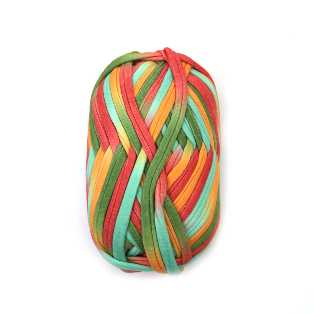Panglică tricotată din fire 100% poliester, culori melanj galben, verde, mentă, roșu - 100 grame