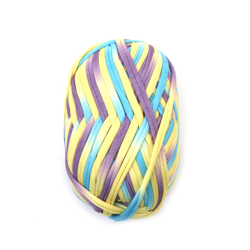Panglică tricotată din fire 100% poliester, culori melanj albastru, violet, galben - 100 grame