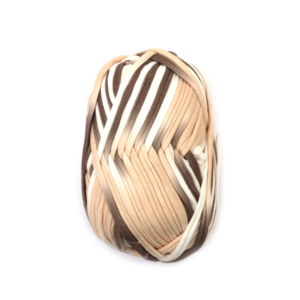 Panglică tricotată din fire 100% poliester melanj culori alb, bej, maro - 100 grame