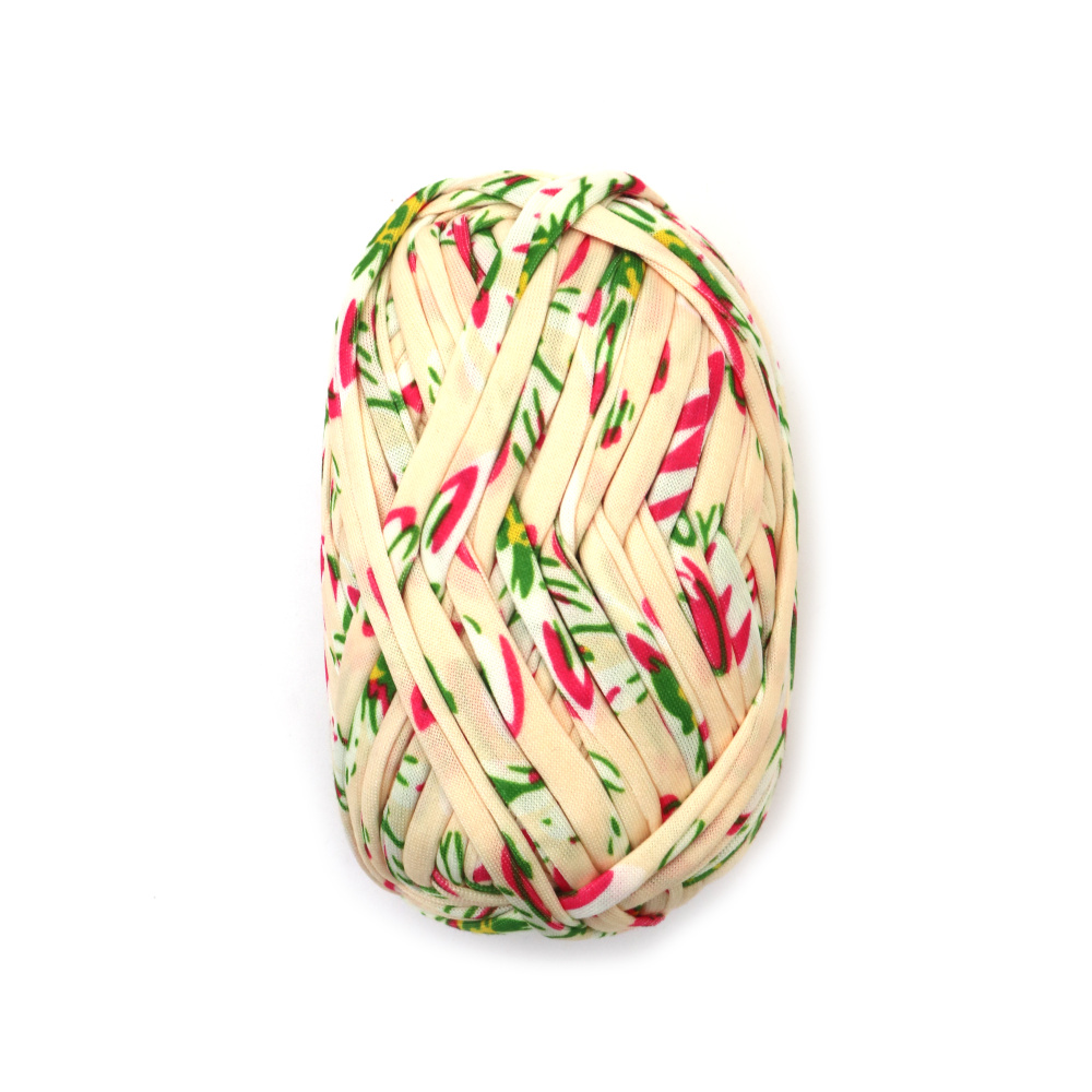Panglică tricotată din fire 100% poliester, culoare crem, cu imprimeu floral - 100 grame