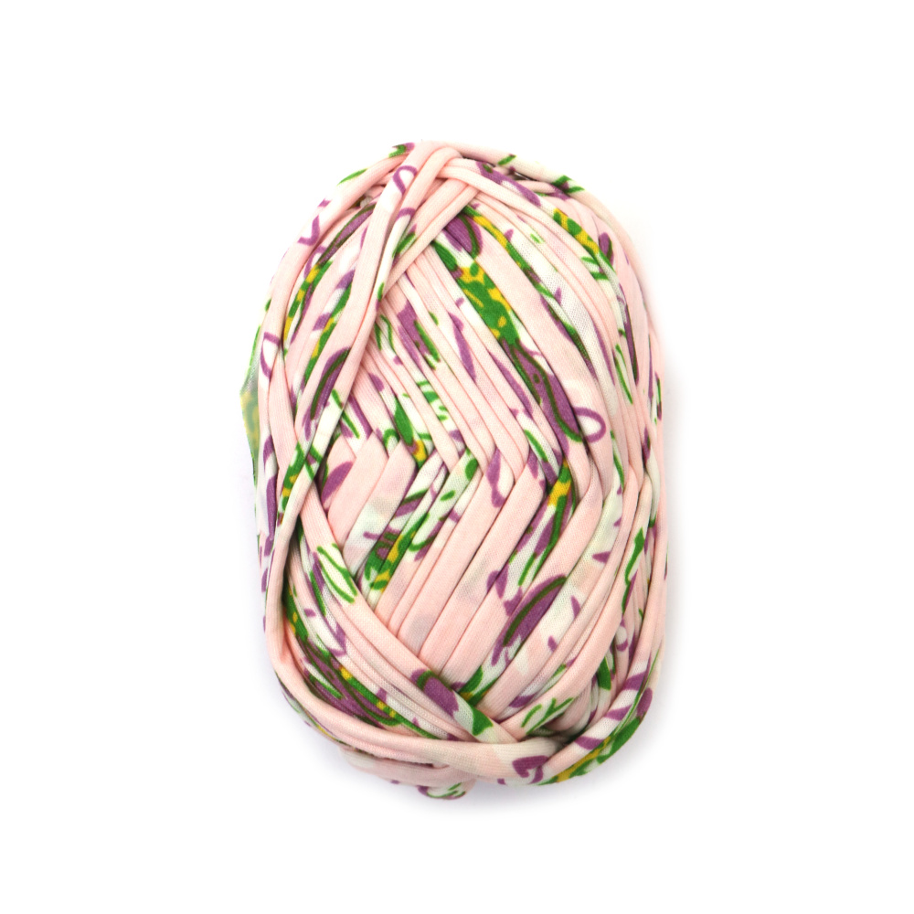 Panglică tricotată din fire 100% poliester, culoare roz deschis, cu imprimeu floral - 100 grame