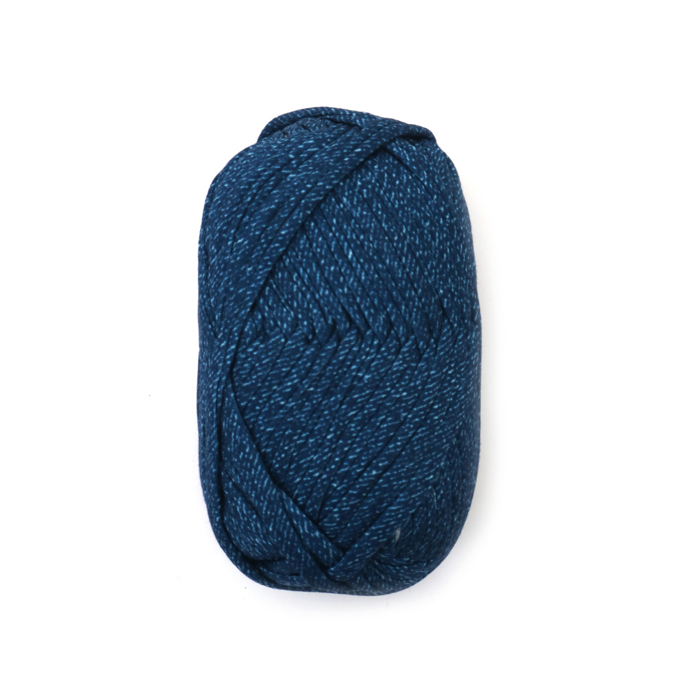 Fir panglică tricotată 100% poliester culoare albastru cu imprimeu blugi - 100 grame