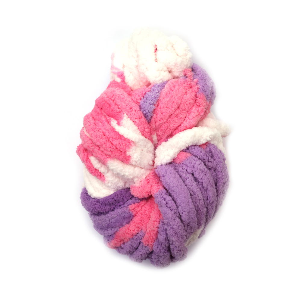 Fir de chenilă 100% poliester grosime 20 mm culori melanj alb, roz, violet ~240 grame -25 metri