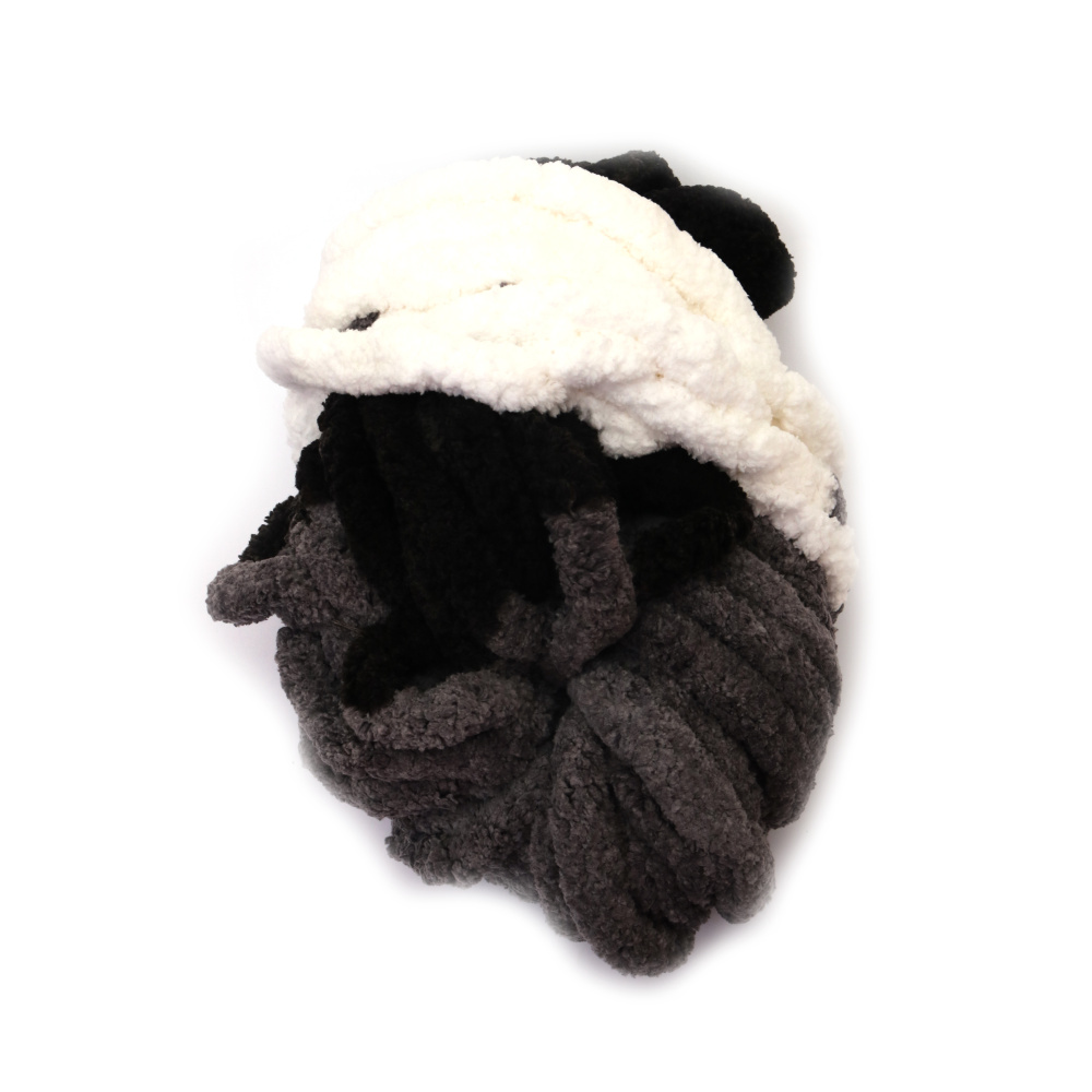 Fir de chenilă 100% poliester grosime 20 mm culori melanj alb, negru, gri ~240 grame -25 metri