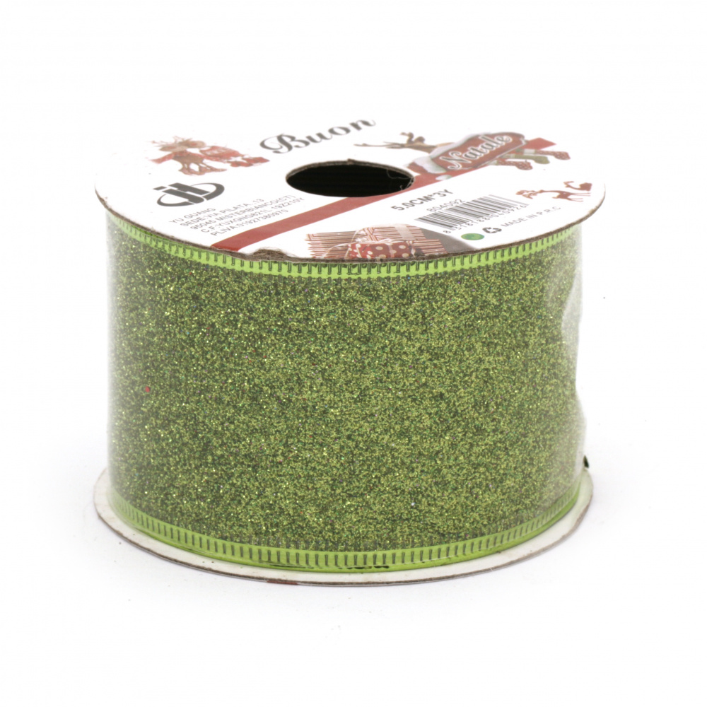 Organza Glitter Ribbon with Aluminum Edging / 50 mm / Green - 2.70 meters
