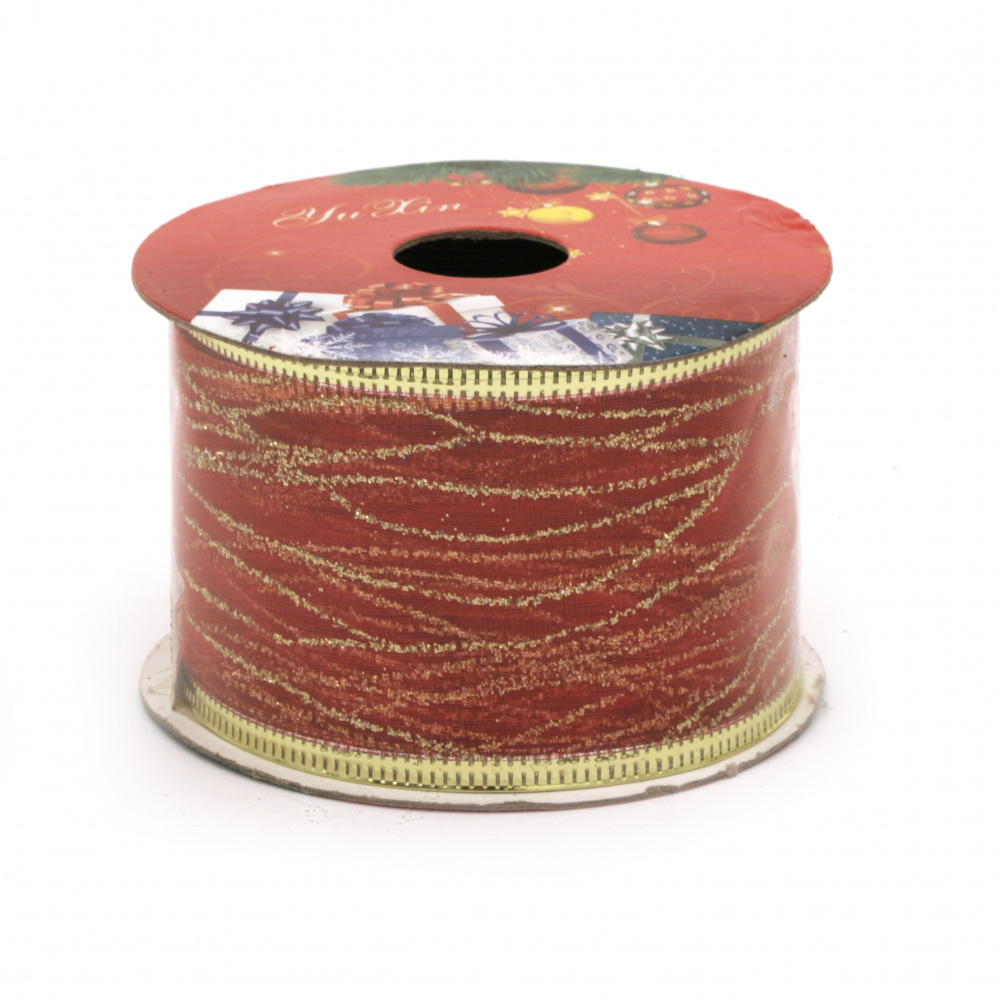 Organza Ribbon with Aluminum Edging and Glitter Christmas Motifs / 50 mm / Red - 2.70 meters