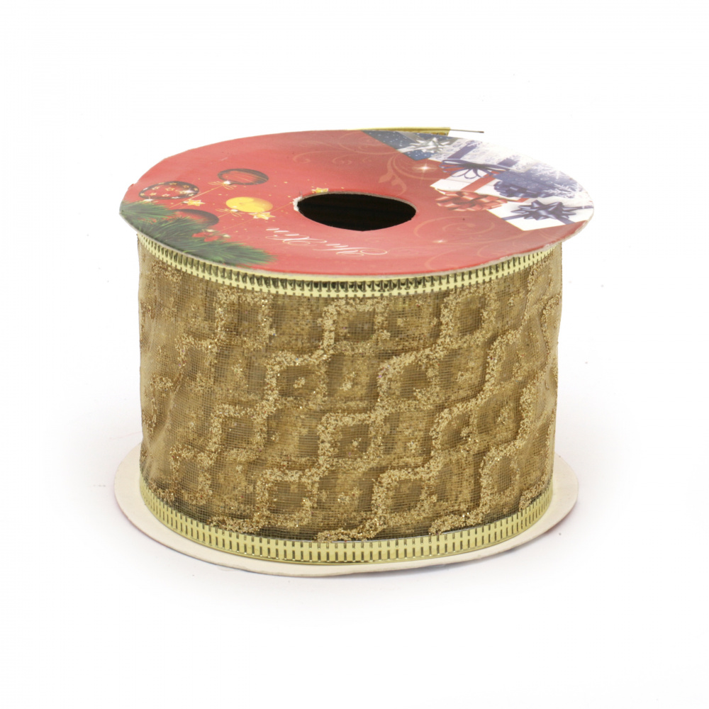 Organza Ribbon with Aluminum Edging and Glitter Christmas Motifs / 50 mm / Gold - 2.70 meters