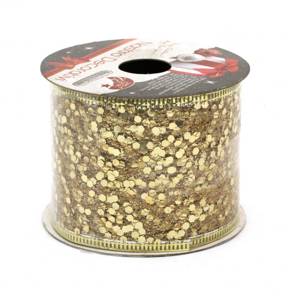 Mesh Christmas Ribbon with Aluminum Edging and Foil / 60 mm / Gold - 2.7 meters