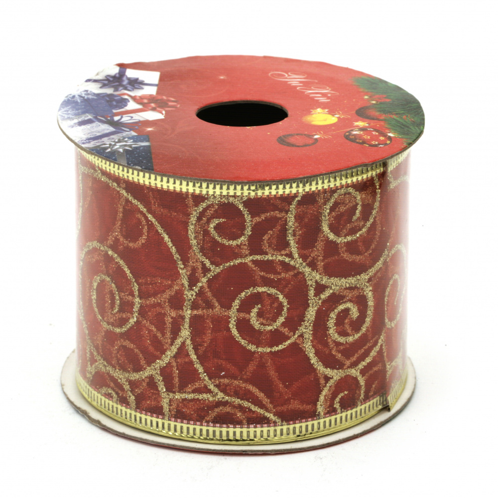 Panglică din organza 60 mm roșie cu margine din aluminiu și imprimeu brocart auriu motive de Crăciun -2,70 metri