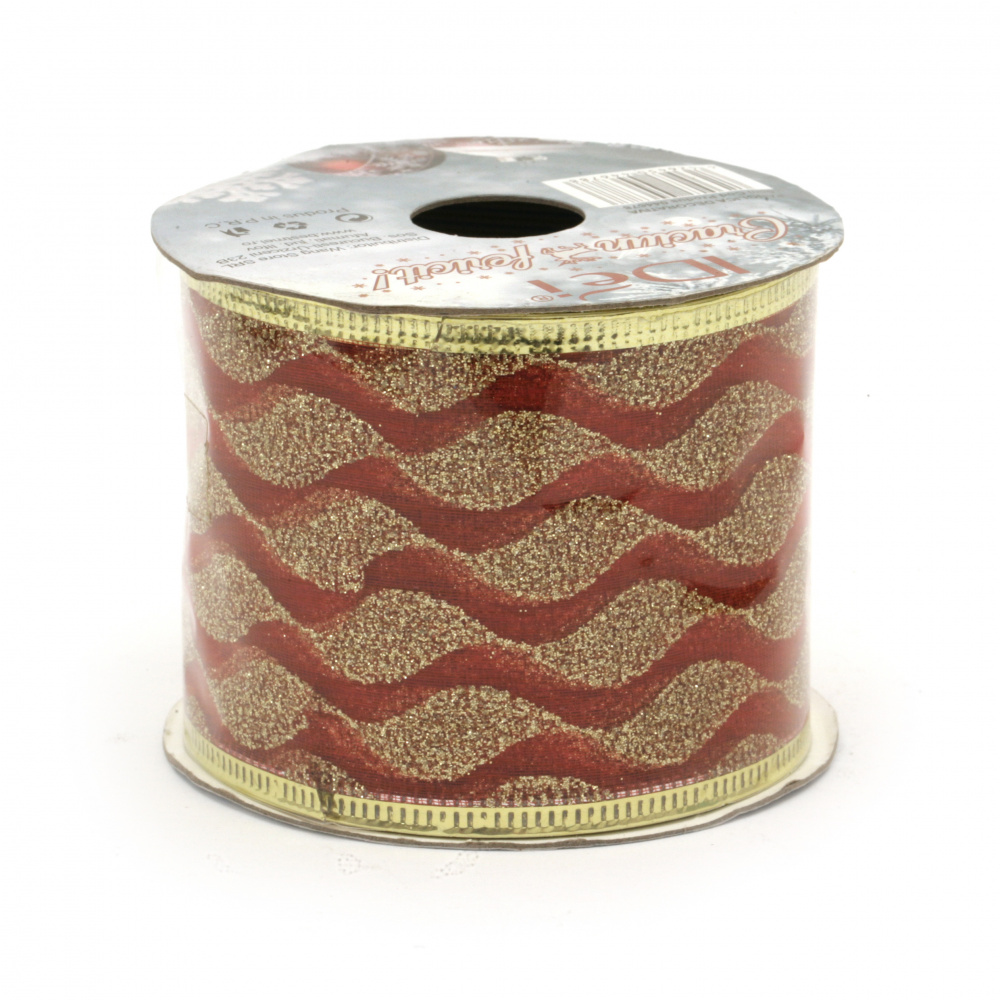 Organza Ribbon with Aluminum Edging and Glitter Motifs / 60 mm / Red with Gold - 2.70 meters
