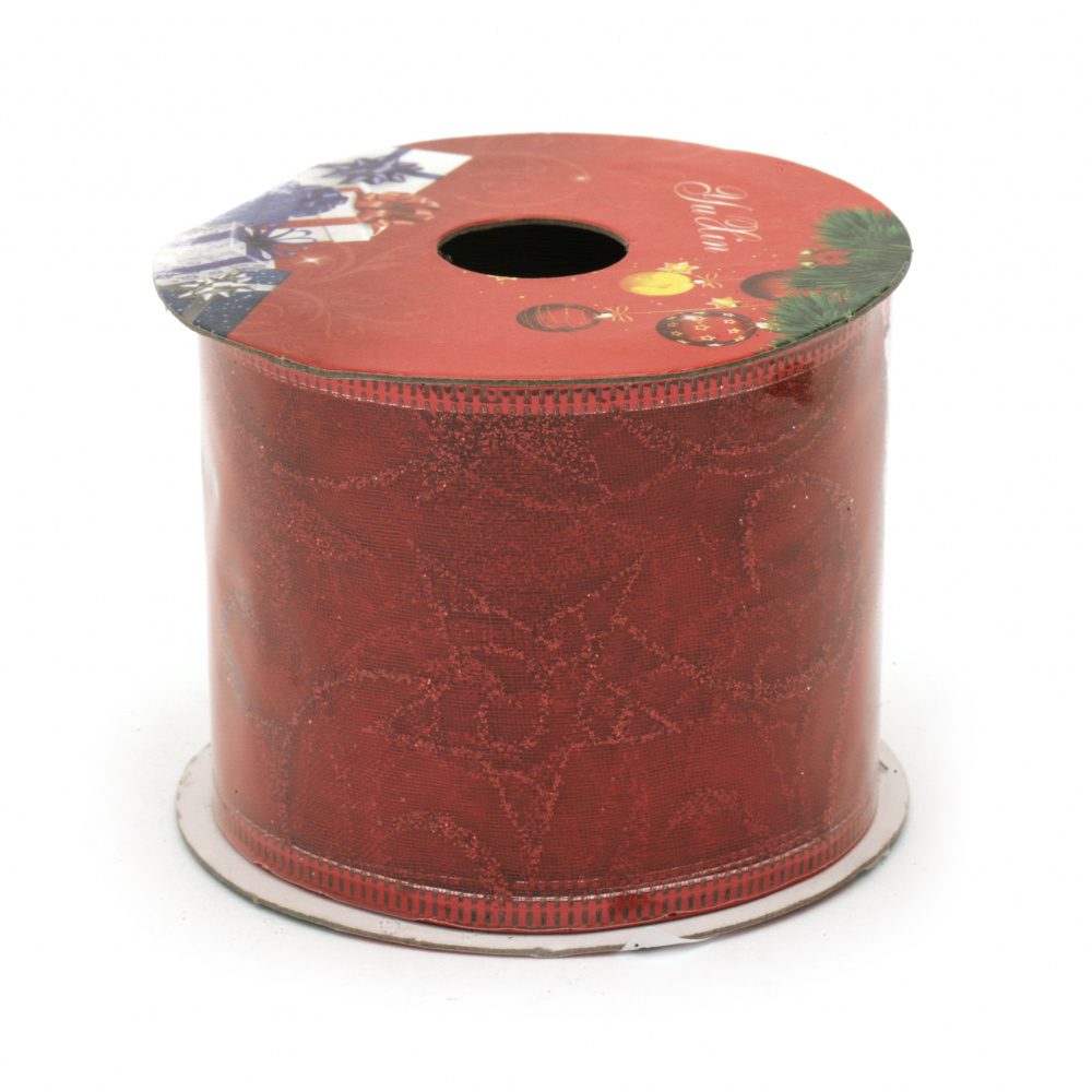 Κορδέλα διακοσμητική  οργάντζα60 mm κόκκινη με μπορντούρα αλουμινίου και glitter-2,70 μέτρα