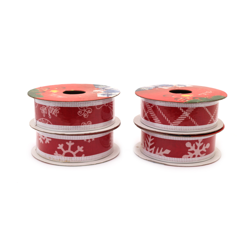 Red Textile Ribbon with Aluminum Edging and White Christmas Print, 25 mm, ASSORTED - 2.7 Meters
