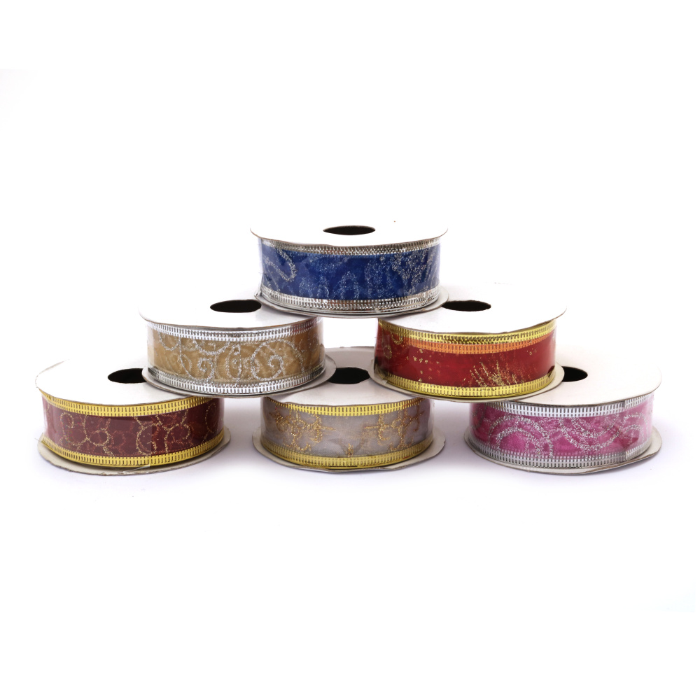 Organza tape, 25 mm, with aluminum edging, printed and brocade, ASSORTED - 2.70 meters