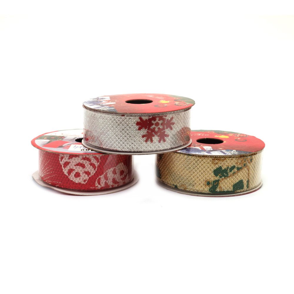 Textile tape, 25 mm, gold color with green print, 2.70 meters