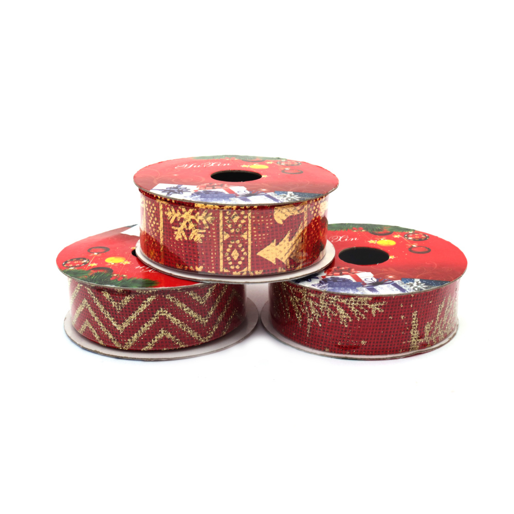 Christmas Burlap Ribbon / 25 mm /  Red with Gold Print / ASSORTED - 2.7 meters