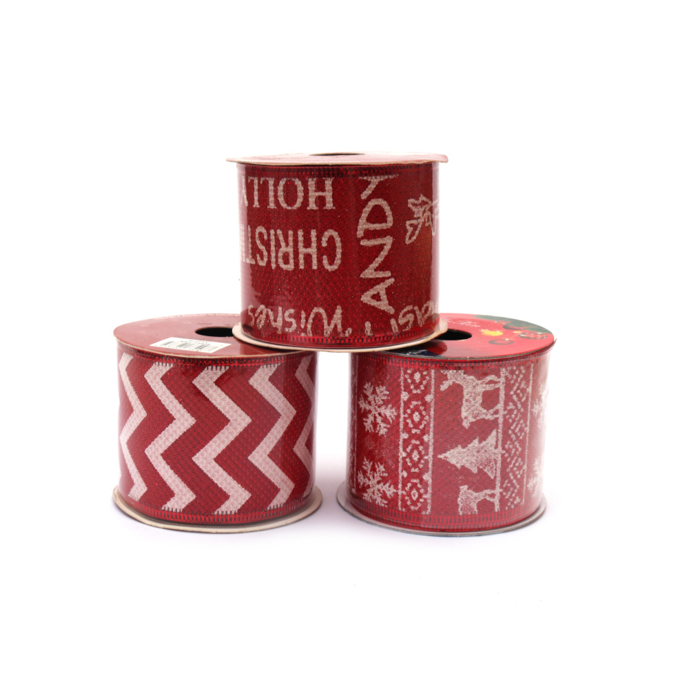 Wire Edge Textile Ribbon / 60 mm / Red with  White Christmas Print - 2.7 meters